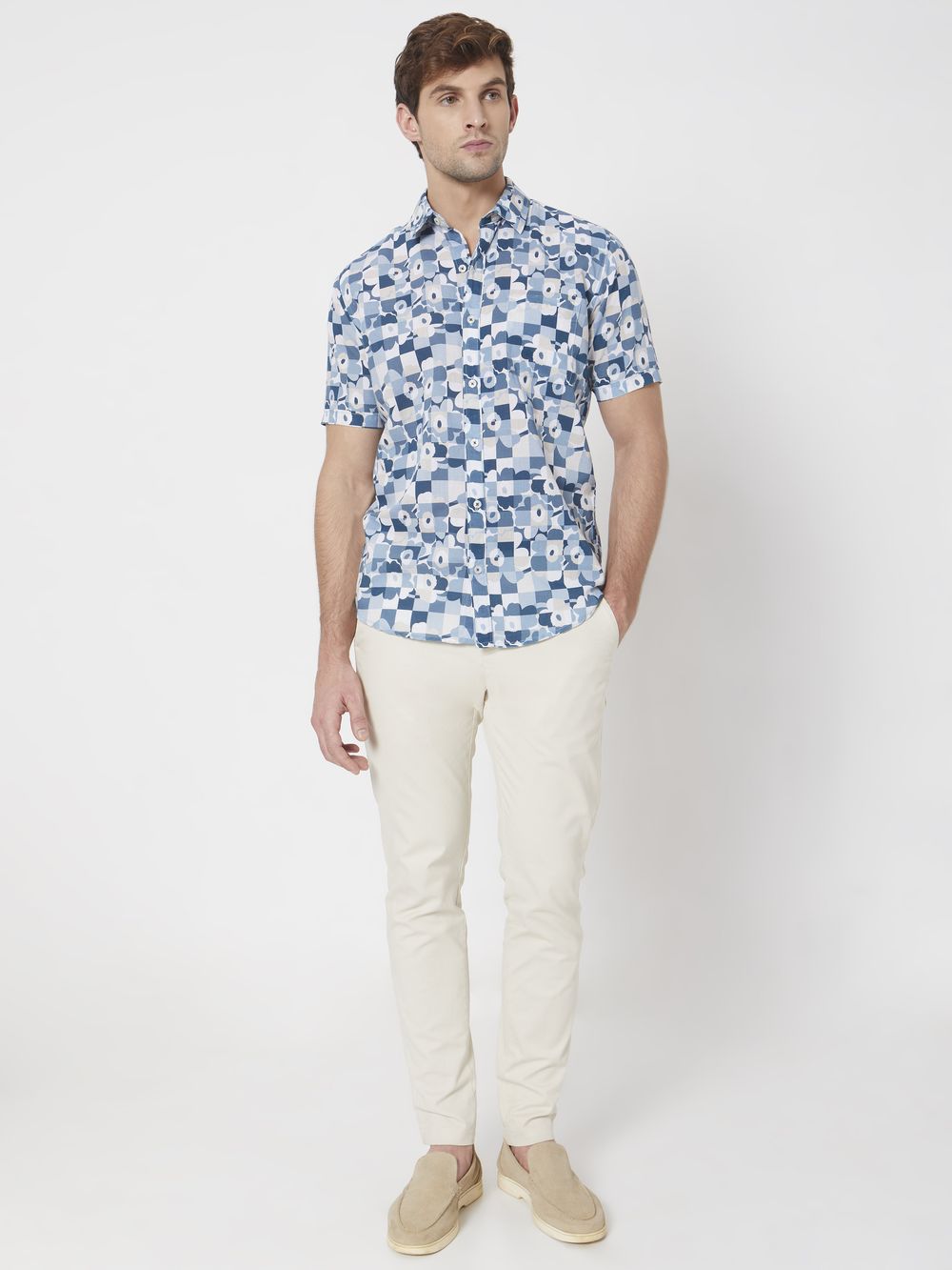 Blue Floral Checkerboard Print Slim Fit Casual Shirt