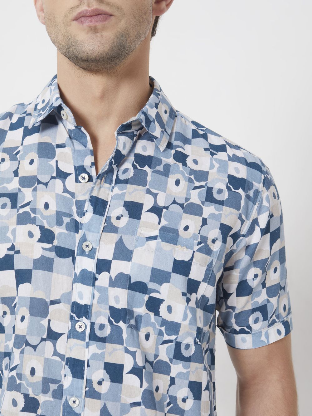 Blue Floral Checkerboard Print Slim Fit Casual Shirt