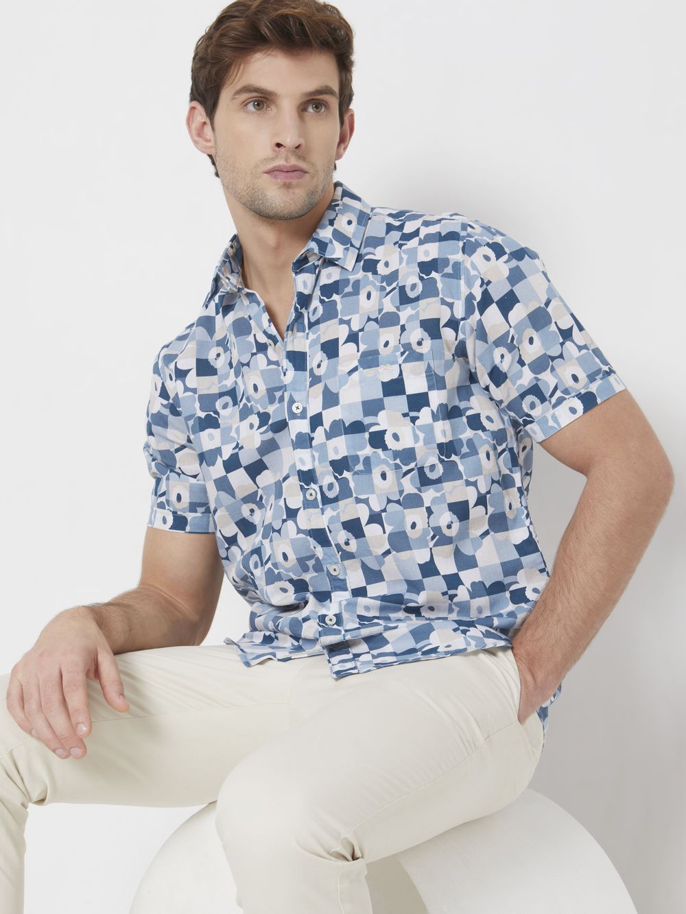 Blue Floral Checkerboard Print Slim Fit Casual Shirt