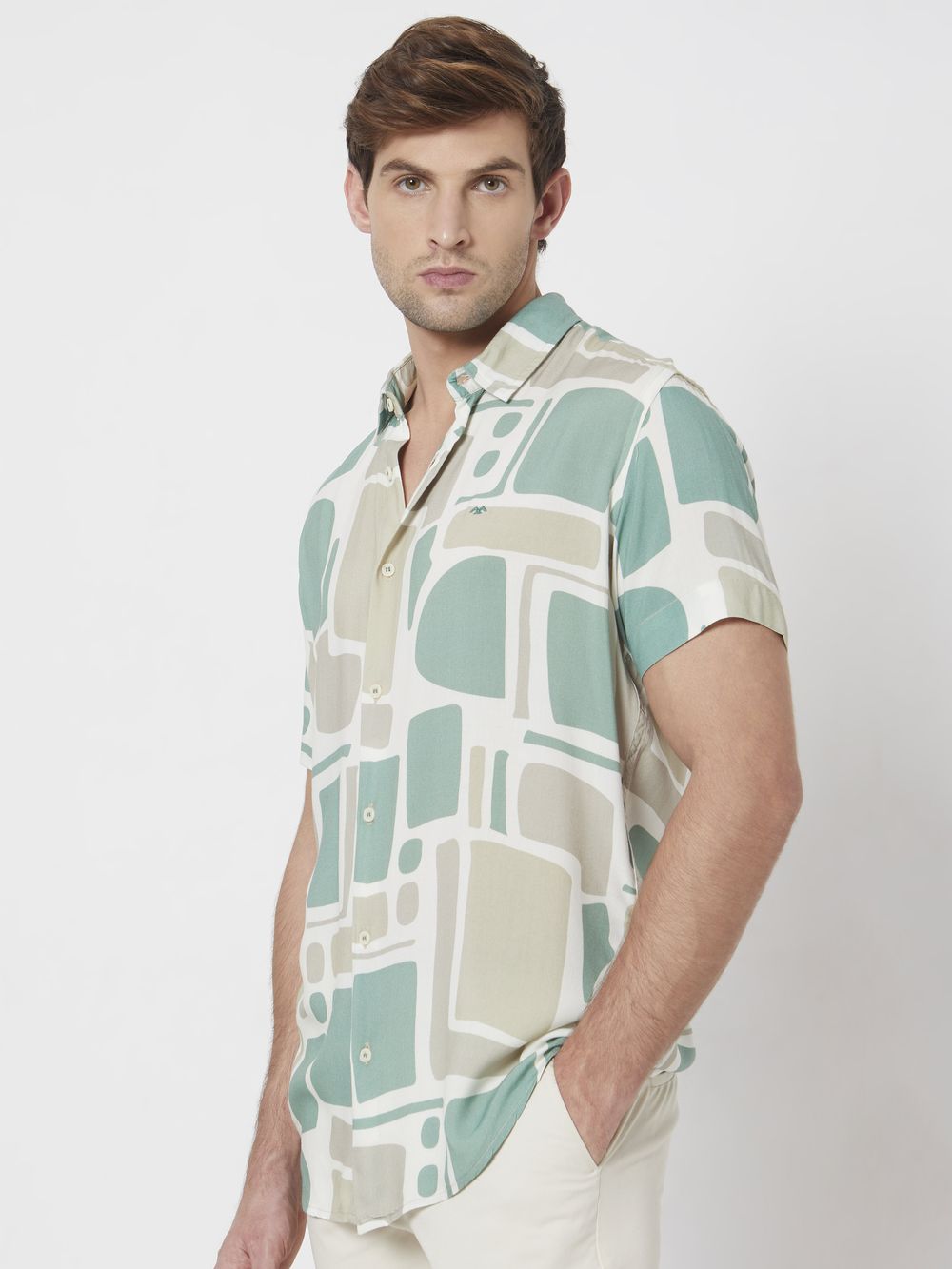 Beige Abstract Print Slim Fit Casual Shirt