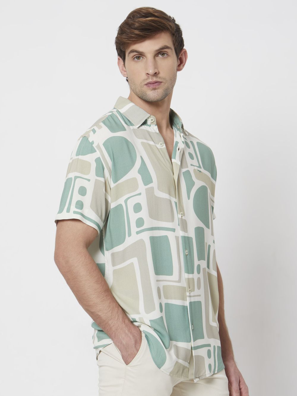 Beige Abstract Print Slim Fit Casual Shirt