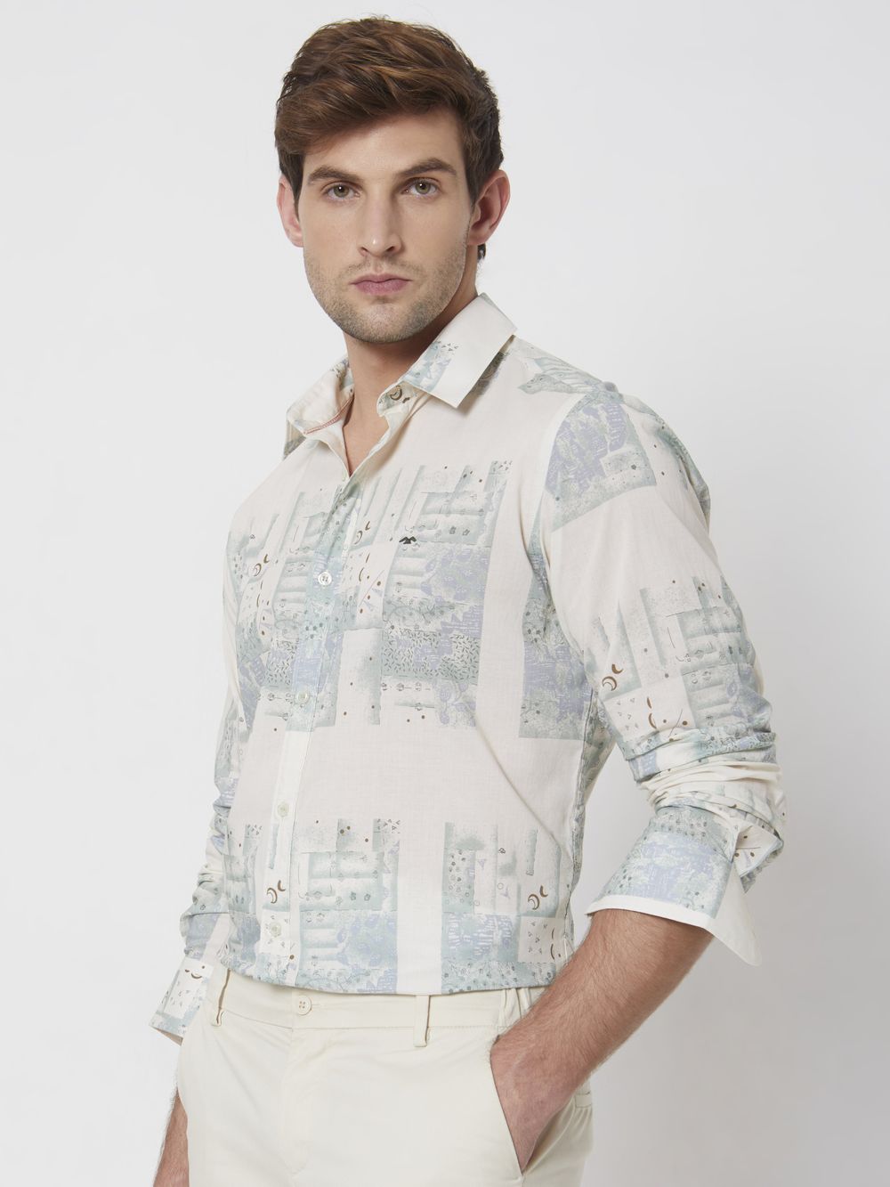 Light Olive Cyanotype Print Slim Fit Casual Shirt