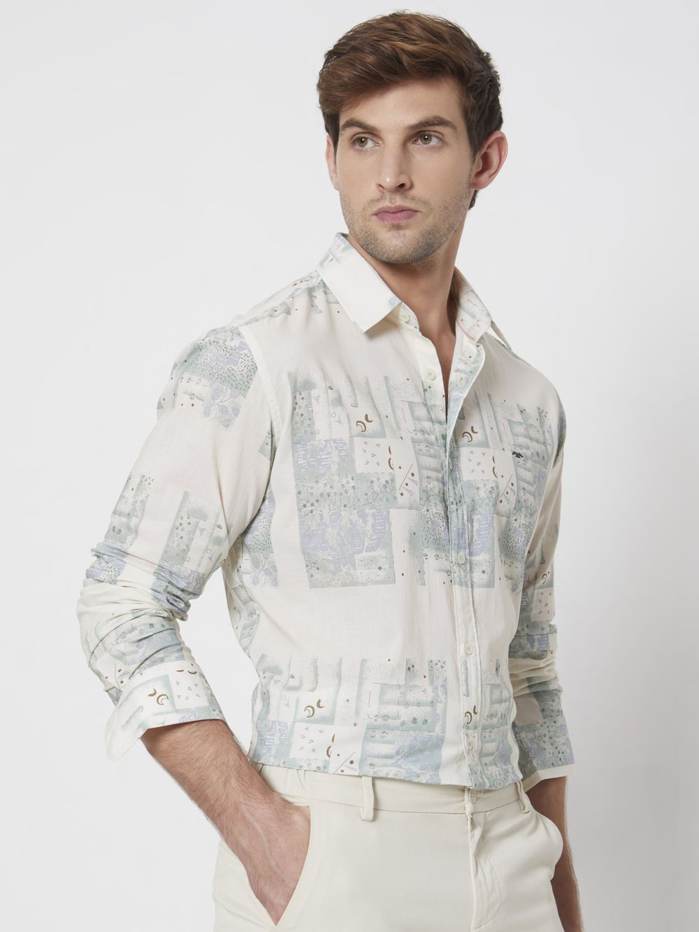 Light Olive Cyanotype Print Slim Fit Casual Shirt