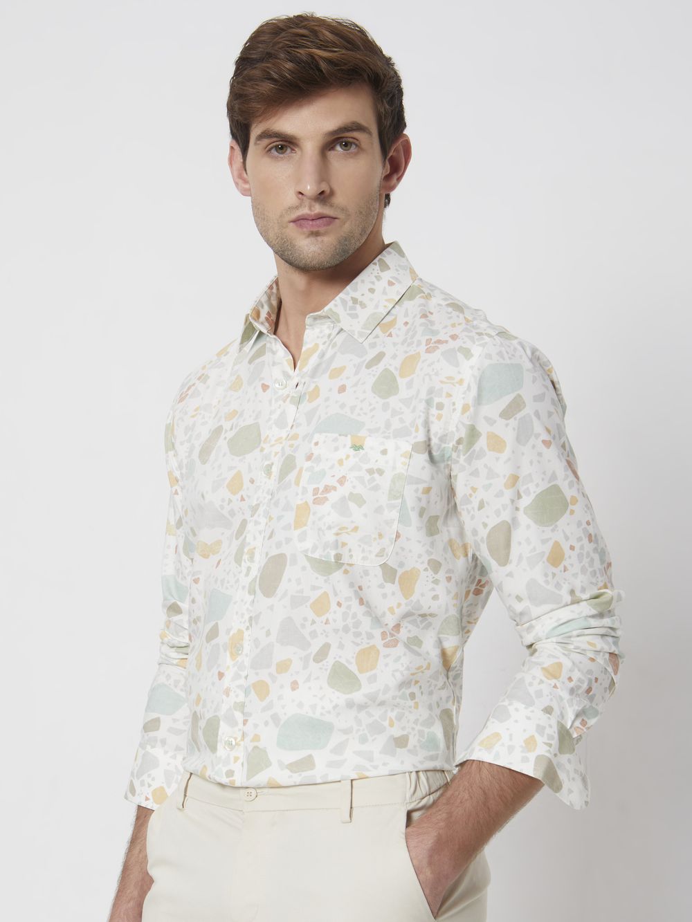 Off White Terrazzo Print Slim Fit Casual Shirt