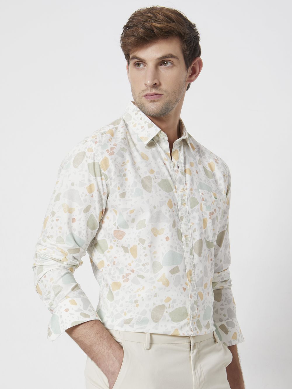 Off White Terrazzo Print Slim Fit Casual Shirt