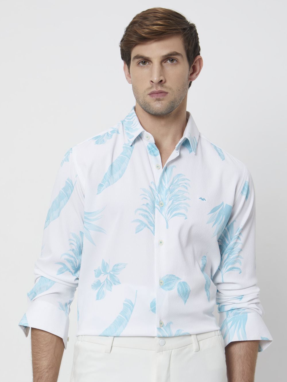 Turquoise & White Leaf Print Slim Fit Casual Shirt