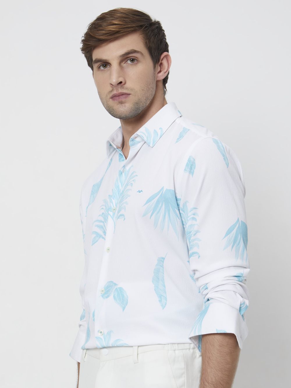 Turquoise & White Leaf Print Slim Fit Casual Shirt