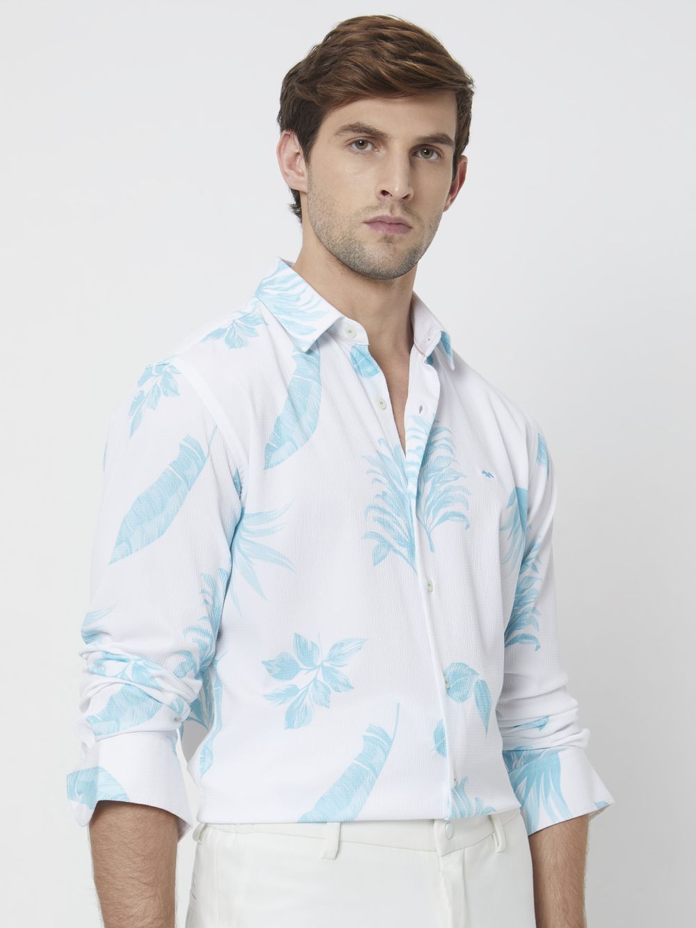 Turquoise & White Leaf Print Slim Fit Casual Shirt