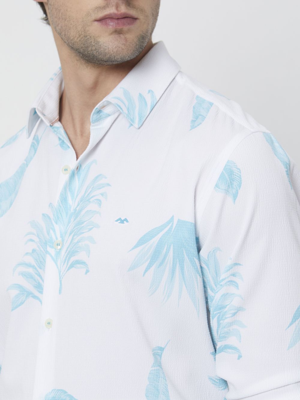 Turquoise & White Leaf Print Slim Fit Casual Shirt