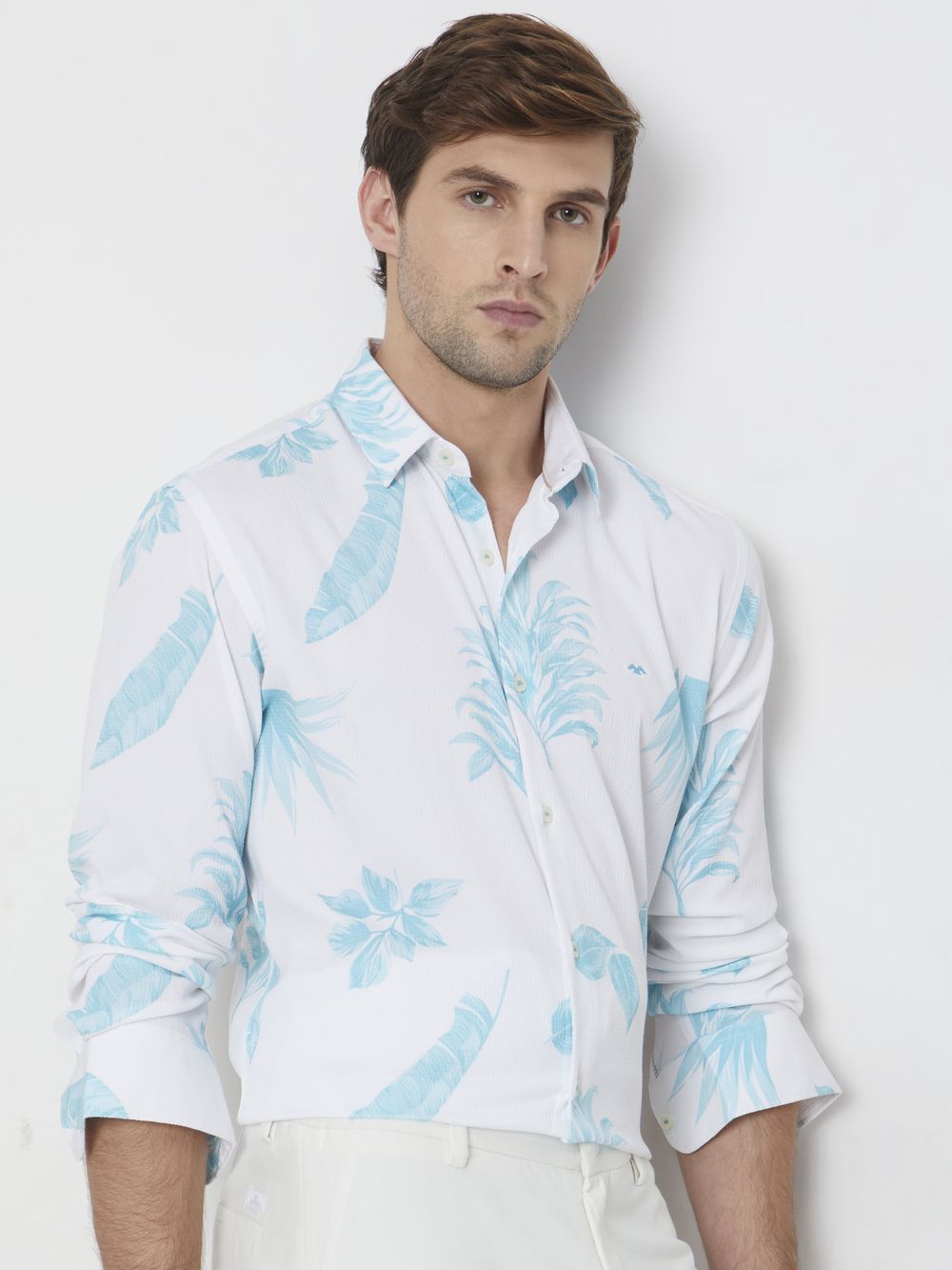 Turquoise & White Leaf Print Slim Fit Casual Shirt