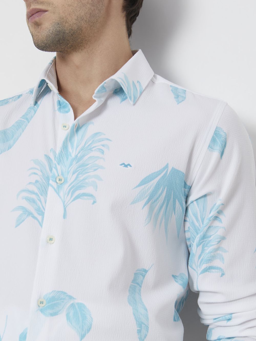 Turquoise & White Leaf Print Slim Fit Casual Shirt