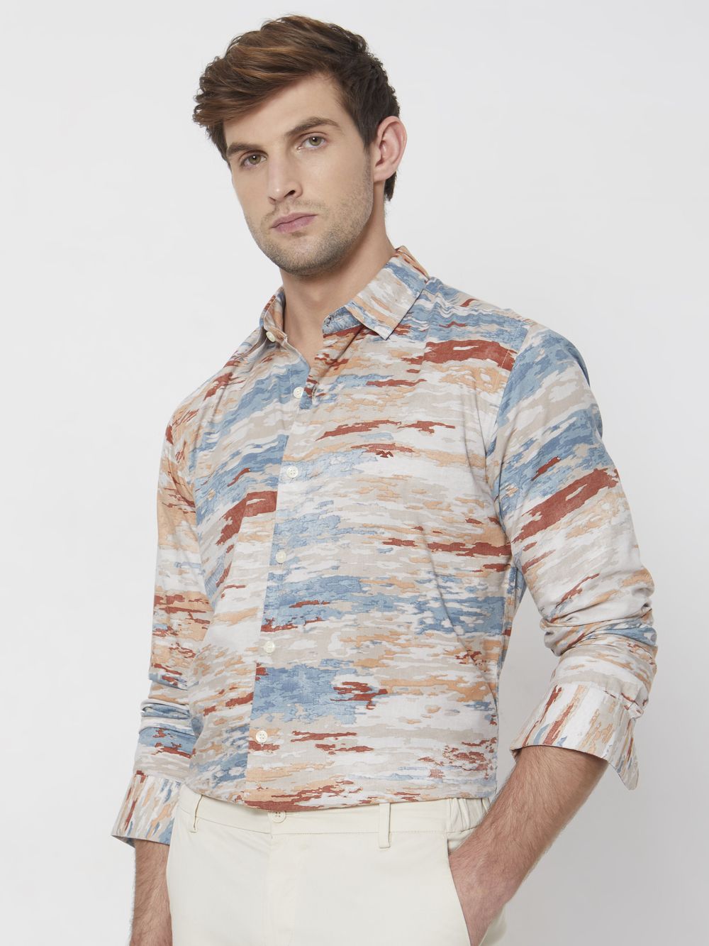 Multi Abstract Cloud Print Slim Fit Casual Shirt