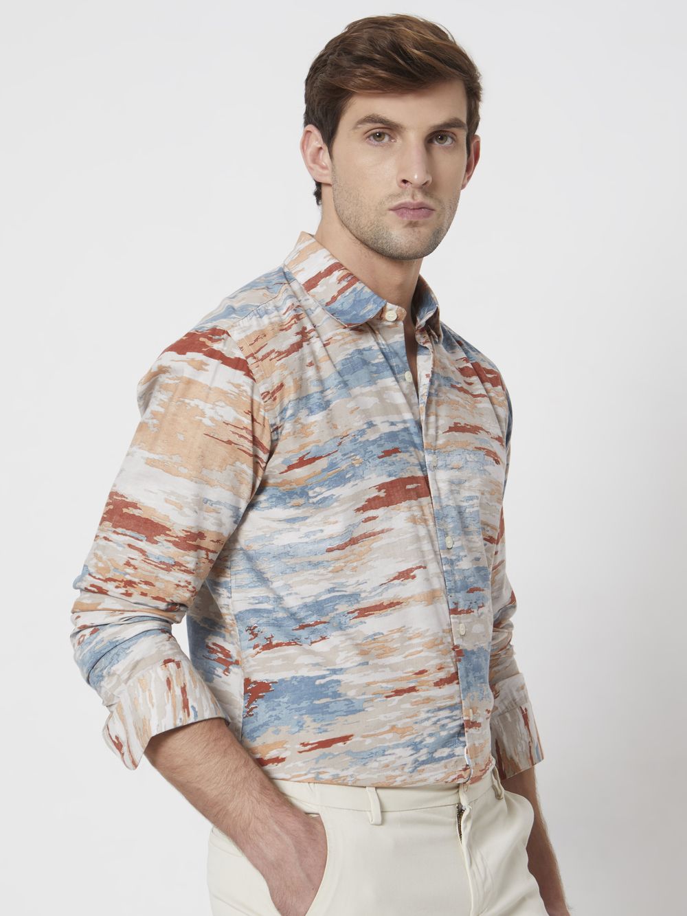 Multi Abstract Cloud Print Slim Fit Casual Shirt