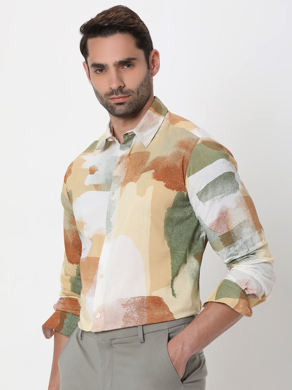 Beige Abstract Print Slim Fit Casual Shirt