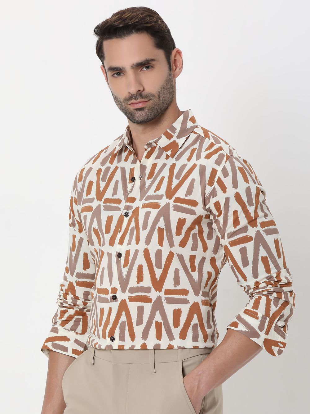 Beige Geometric Print Slim Fit Casual Shirt