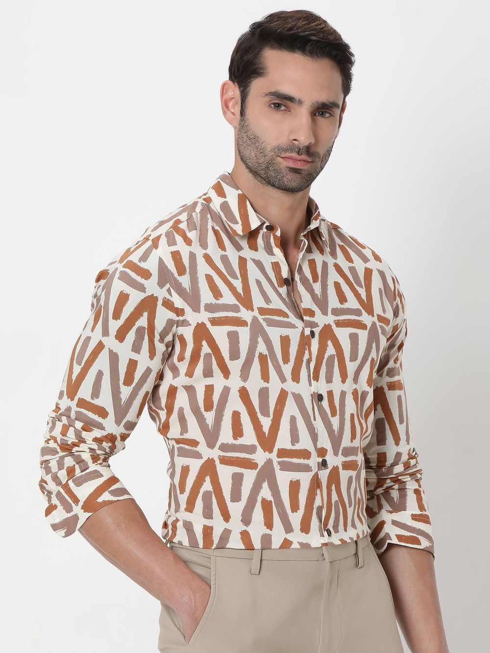 Beige Geometric Print Slim Fit Casual Shirt