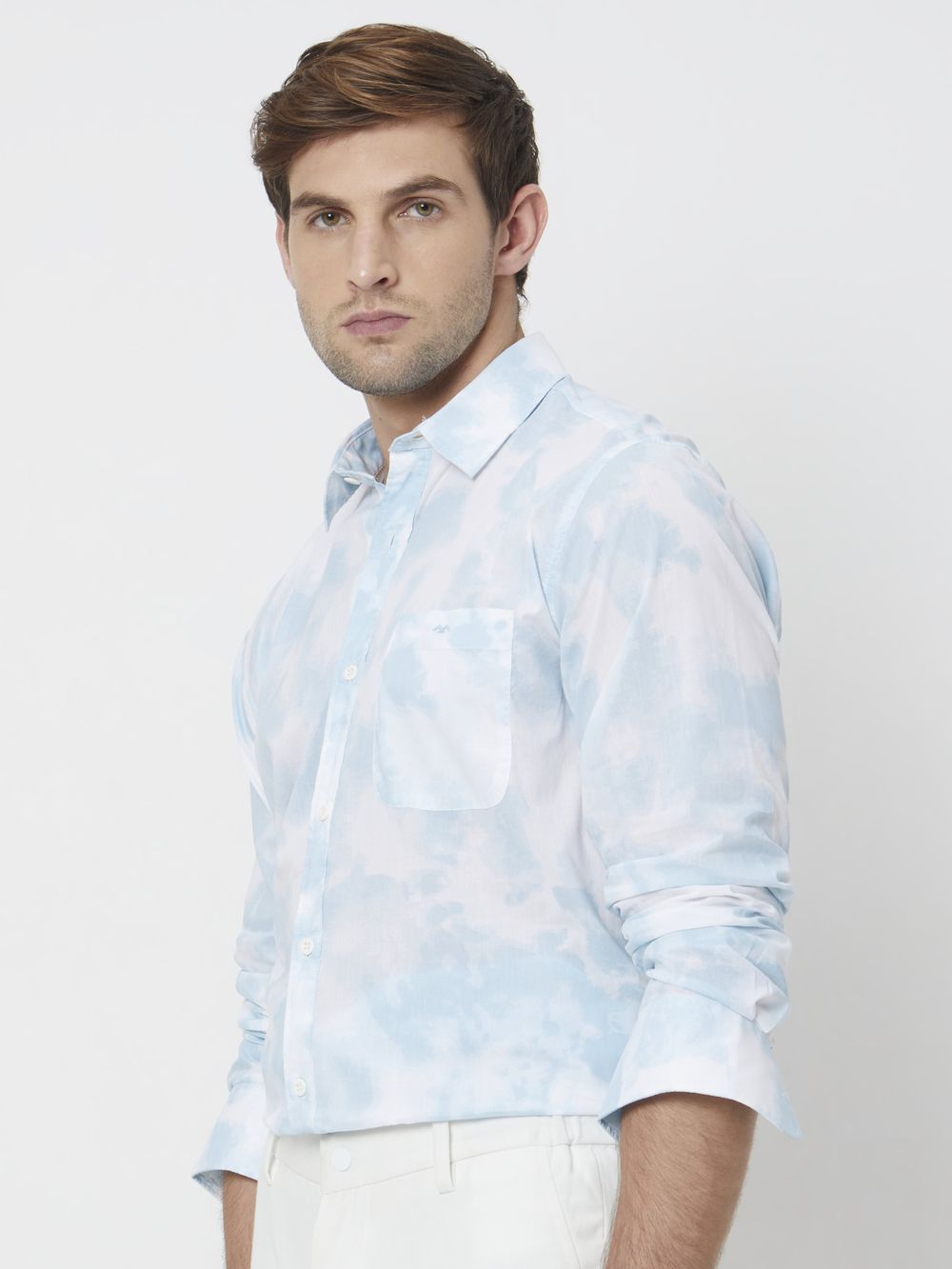 Light Blue & White Cloudprint Slim Fit Casual Shirt