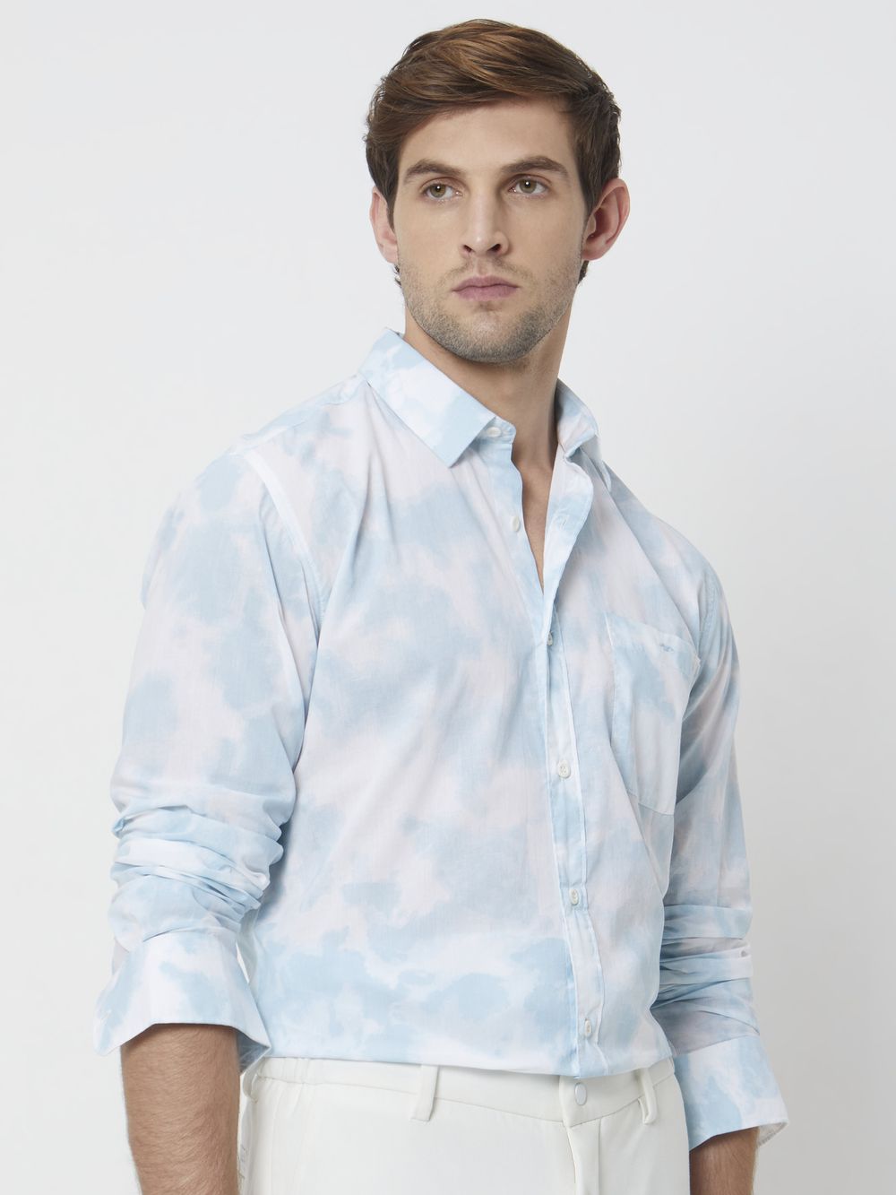 Light Blue & White Cloudprint Slim Fit Casual Shirt