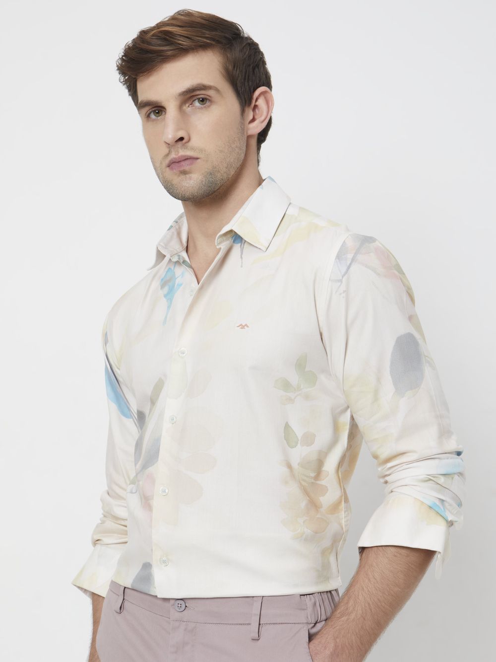 Beige Digital Print Slim Fit Casual Shirt