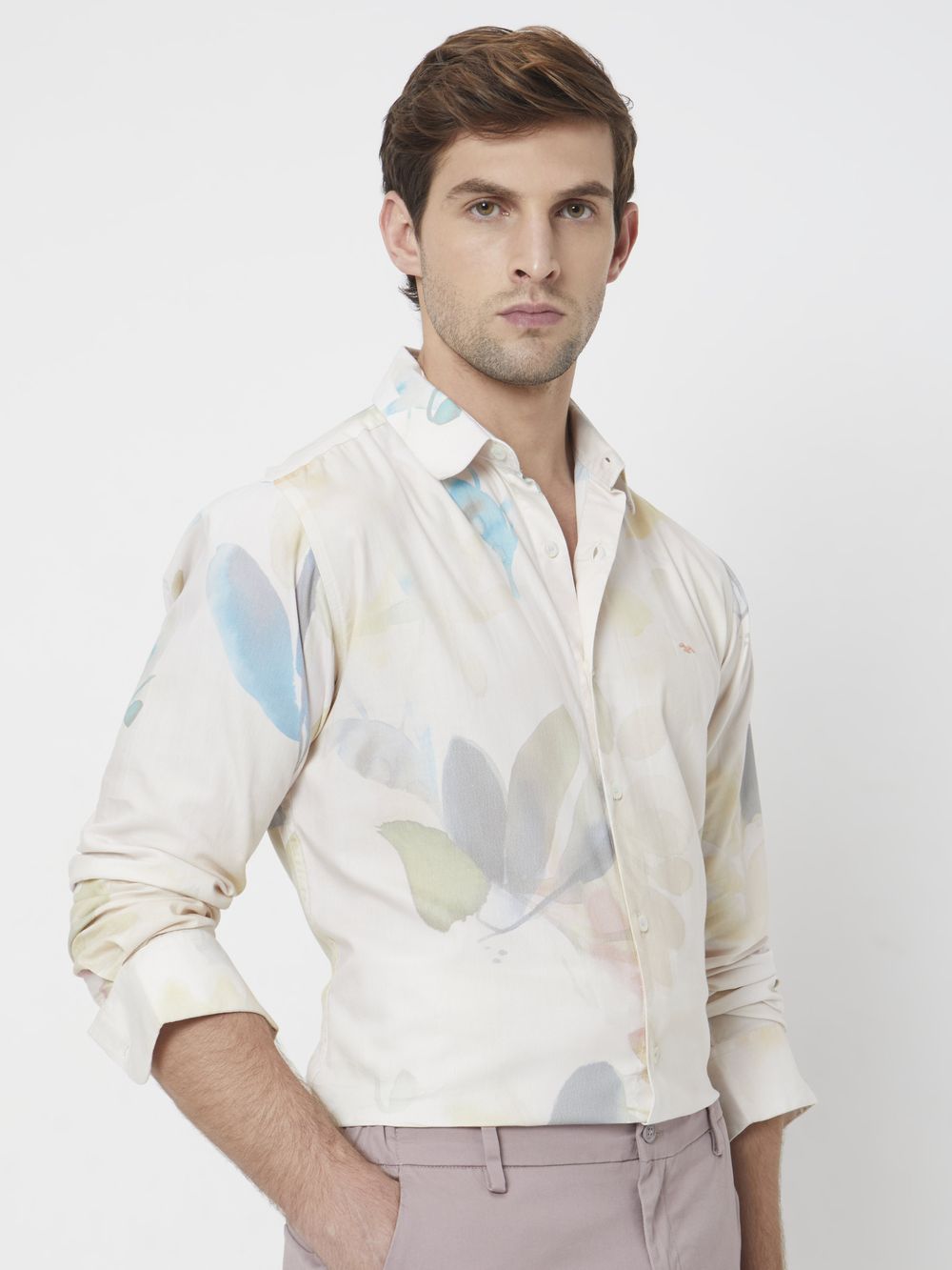 Beige Digital Print Slim Fit Casual Shirt