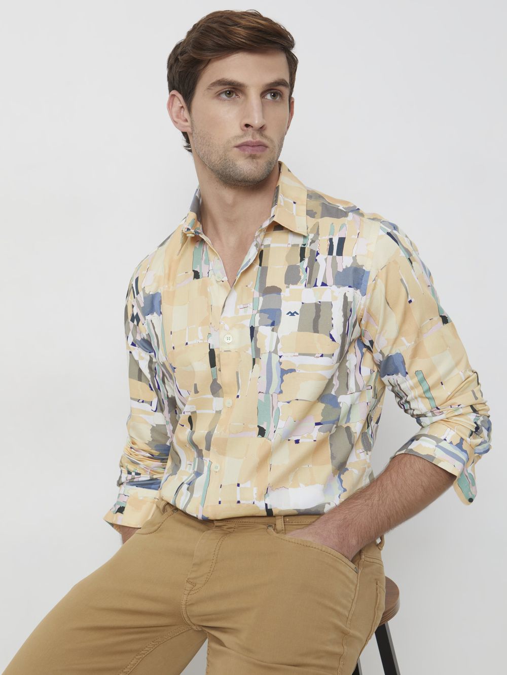 Yellow Digital Print Slim Fit Casual Shirt