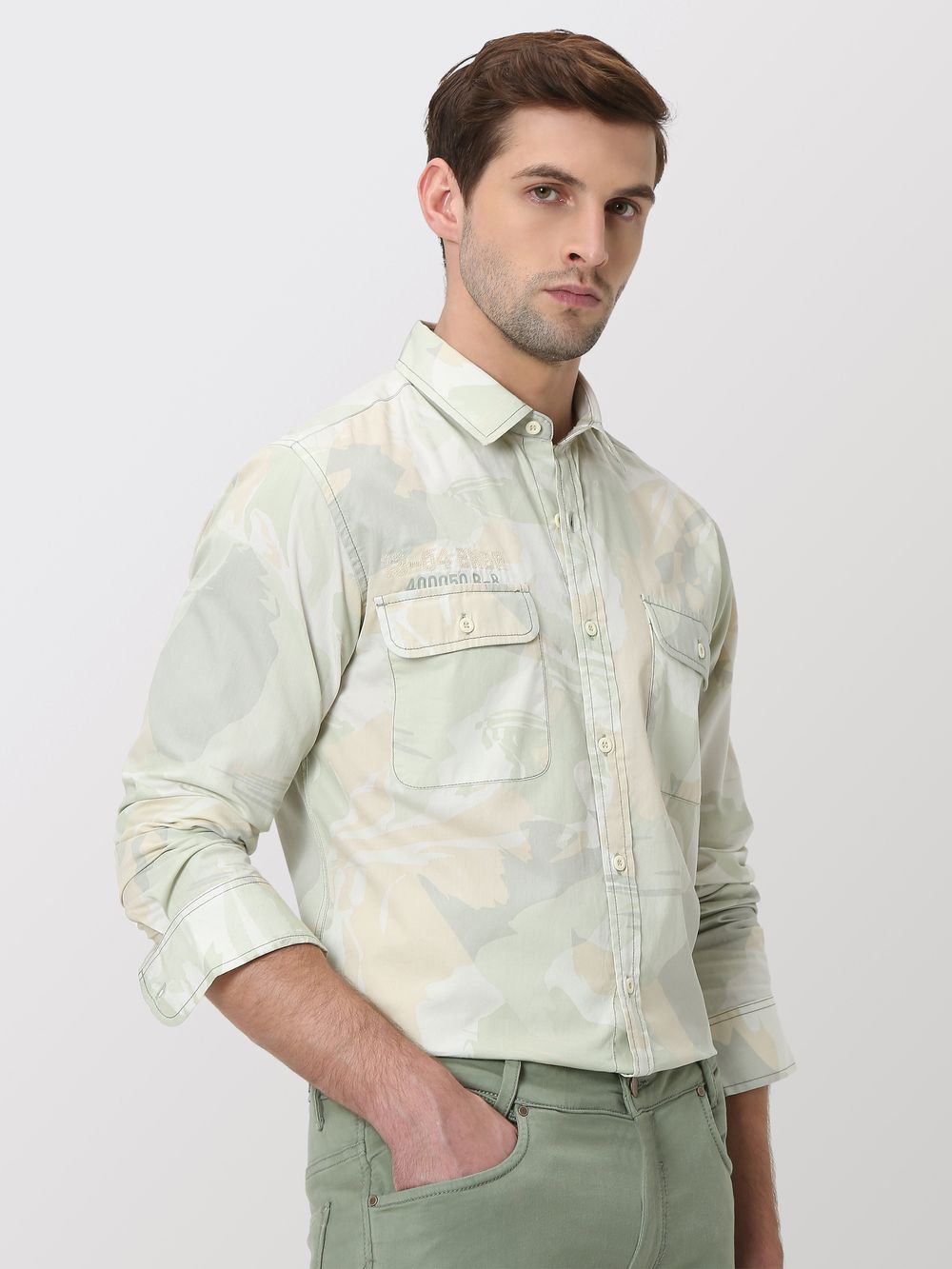 Light Olive Camo Print Slim Fit Casual Shirt