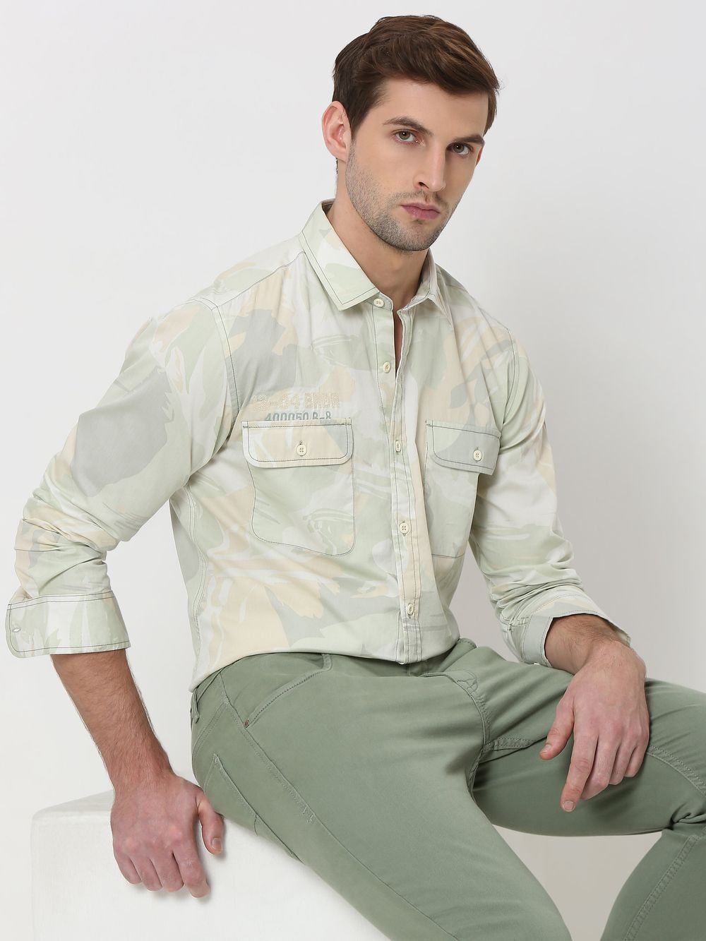 Light Olive Camo Print Slim Fit Casual Shirt