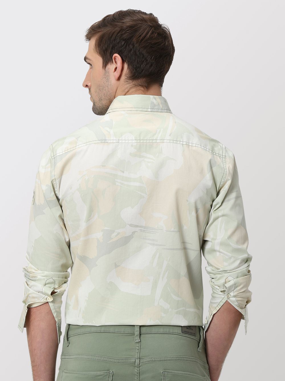 Light Olive Camo Print Slim Fit Casual Shirt