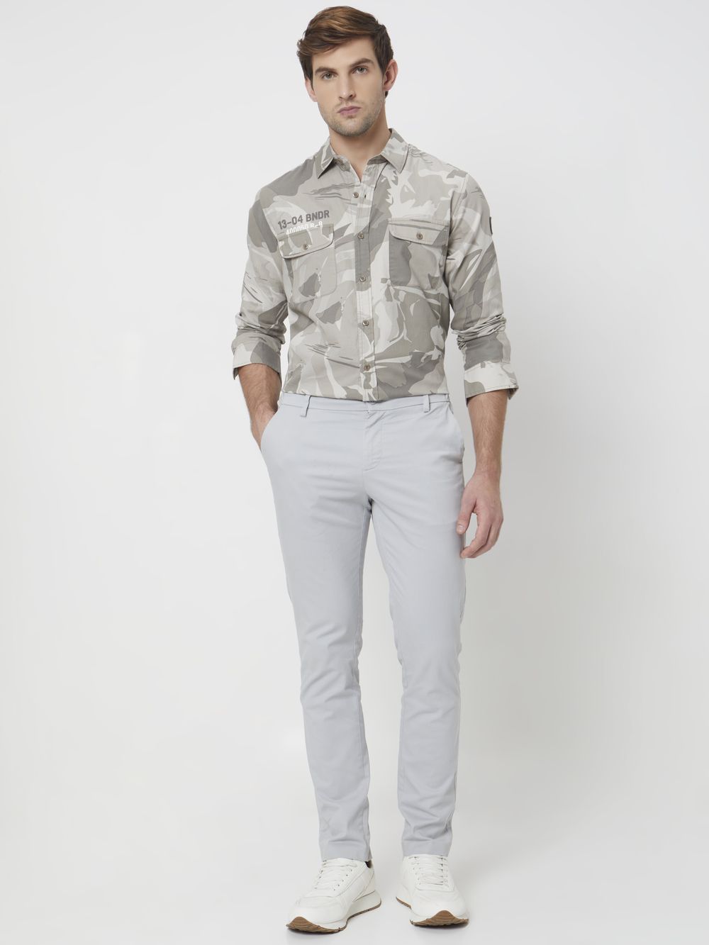 Grey Camo Print Slim Fit Casual Shirt