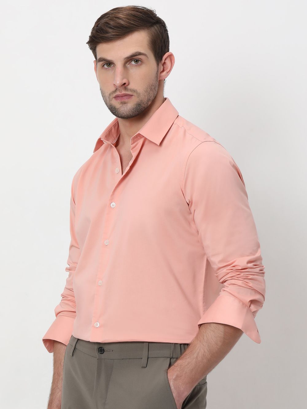 Pink Stretch Plain Slim Fit Casual Shirt