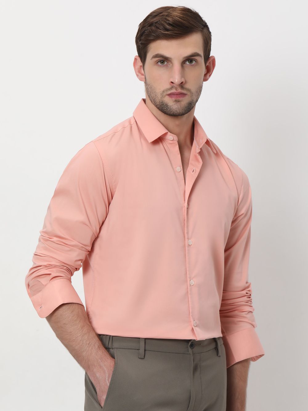 Pink Stretch Plain Slim Fit Casual Shirt