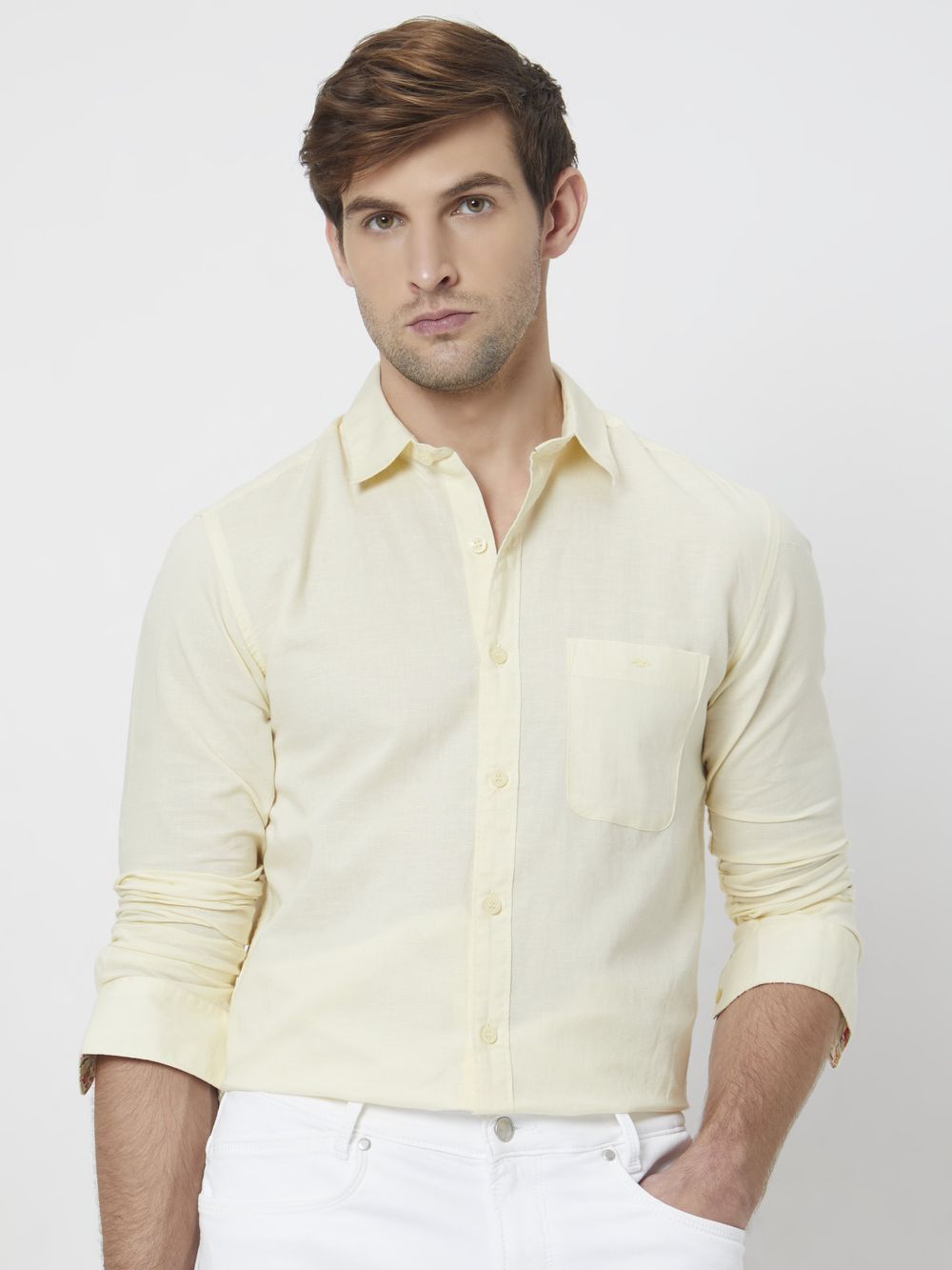 Light Yellow Cotton Linen Plain Slim Fit Casual Shirt