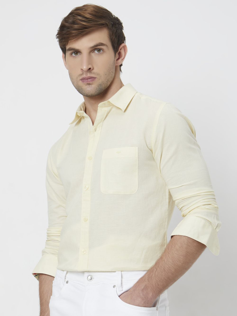 Light Yellow Cotton Linen Plain Slim Fit Casual Shirt