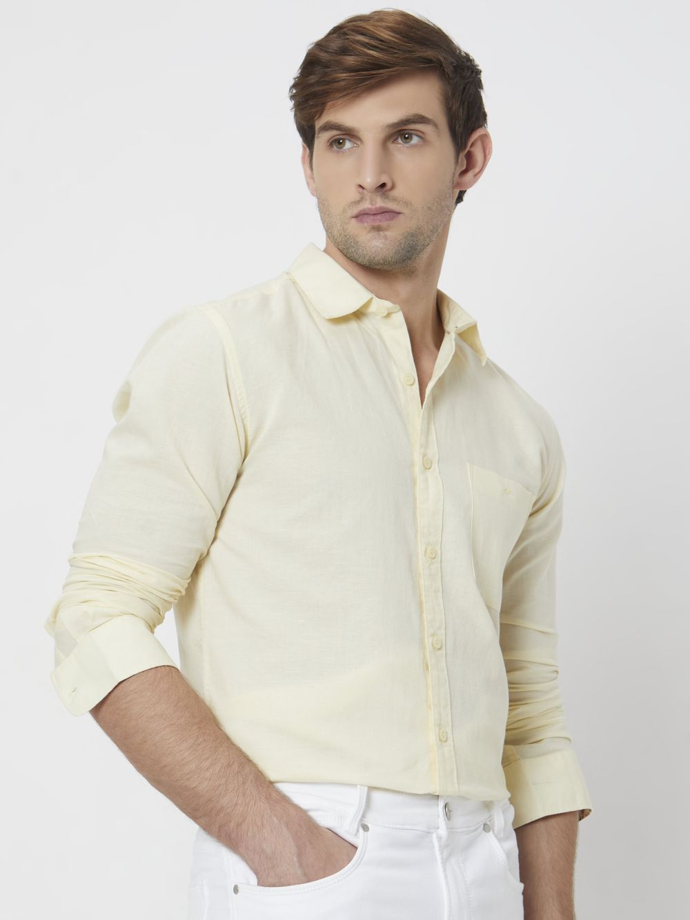 Light Yellow Cotton Linen Plain Slim Fit Casual Shirt