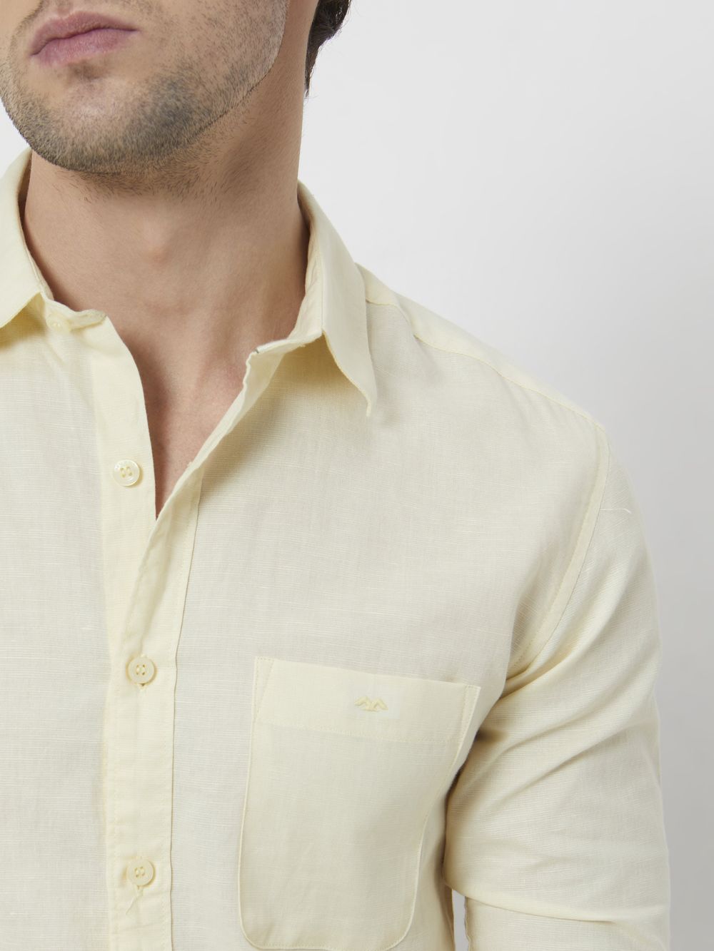 Light Yellow Cotton Linen Plain Slim Fit Casual Shirt