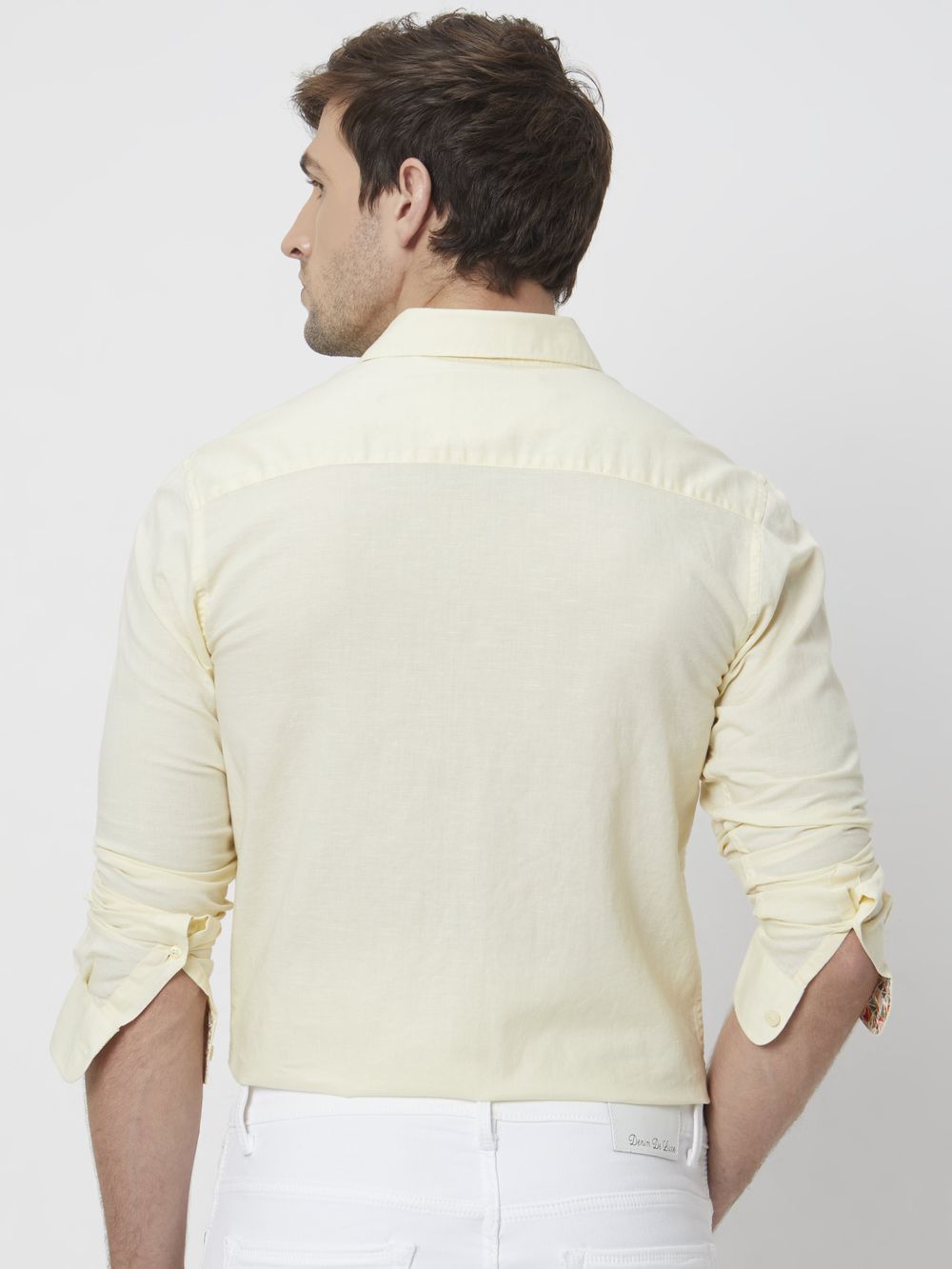 Light Yellow Cotton Linen Plain Slim Fit Casual Shirt