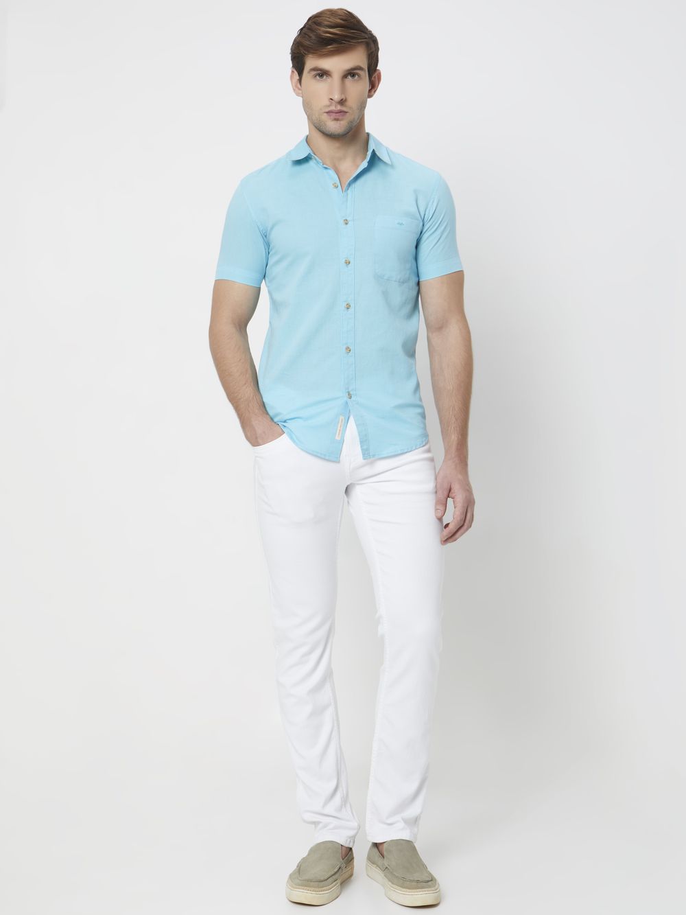 Turquoise Cotton Linen Plain Slim Fit Casual Shirt