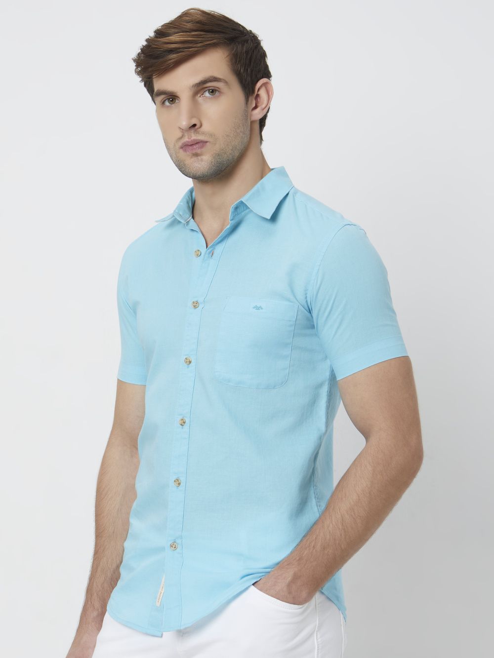 Turquoise Cotton Linen Plain Slim Fit Casual Shirt