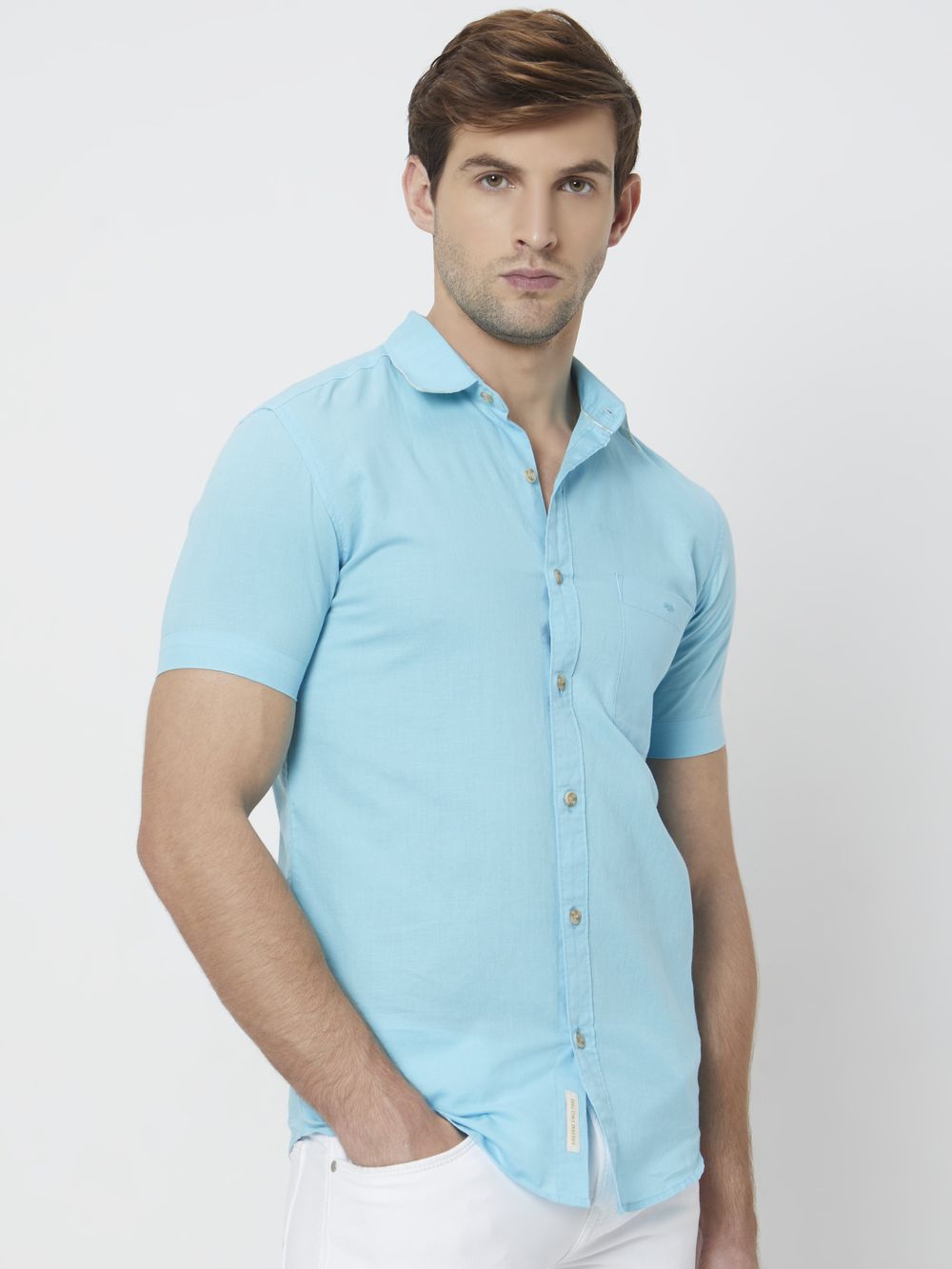 Turquoise Cotton Linen Plain Slim Fit Casual Shirt