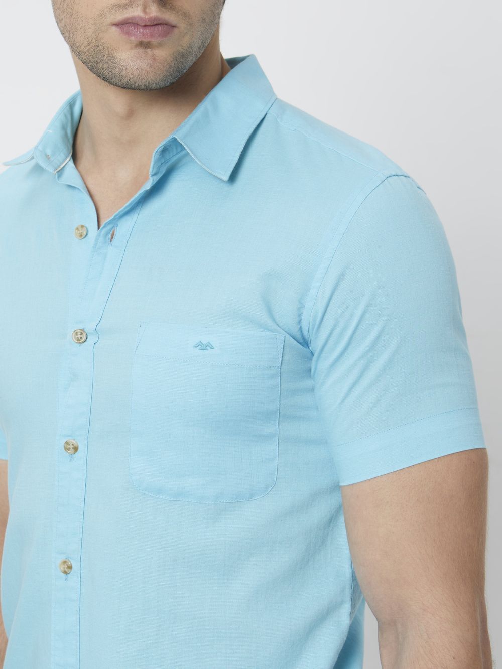 Turquoise Cotton Linen Plain Slim Fit Casual Shirt