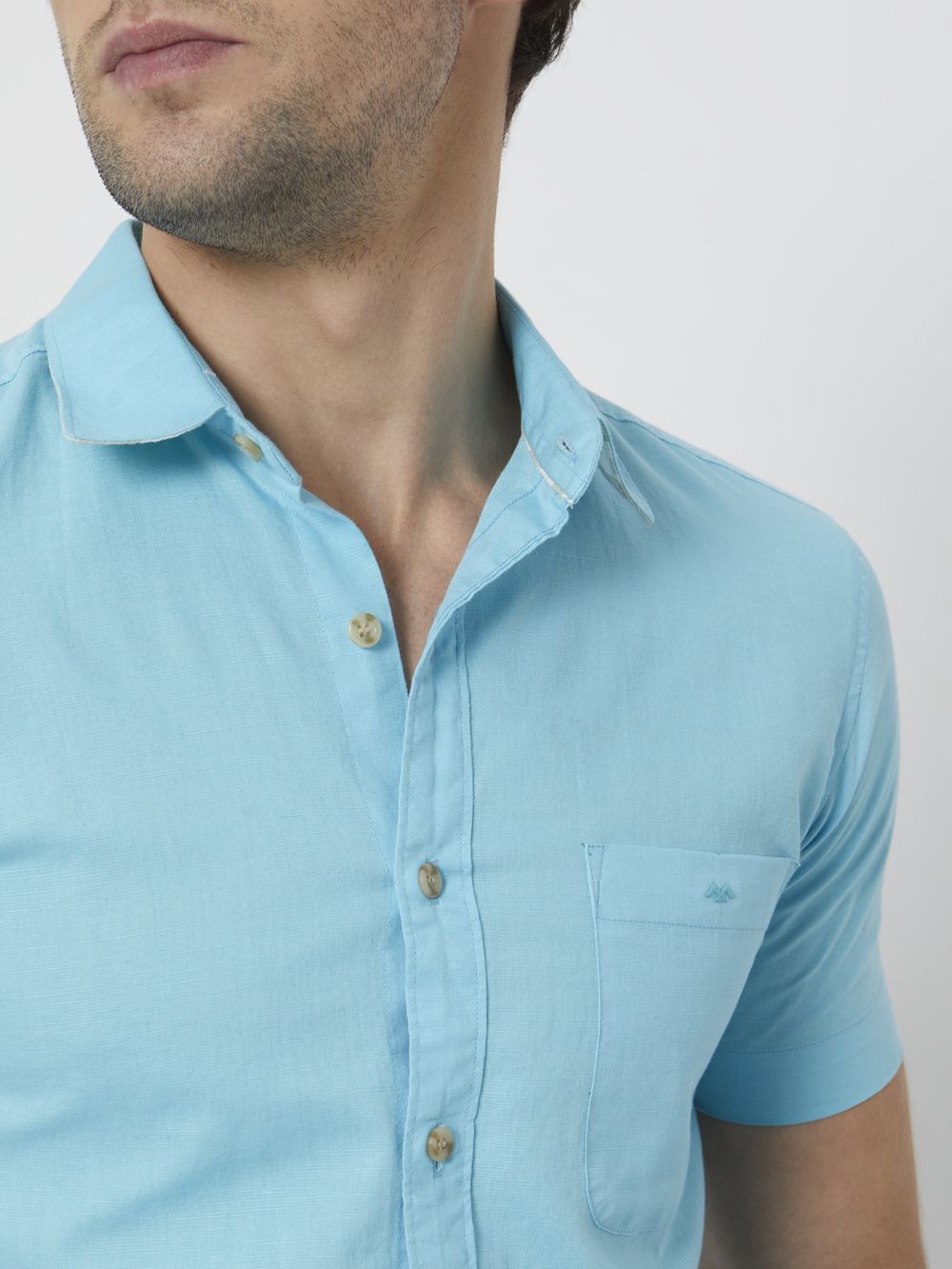 Turquoise Cotton Linen Plain Slim Fit Casual Shirt