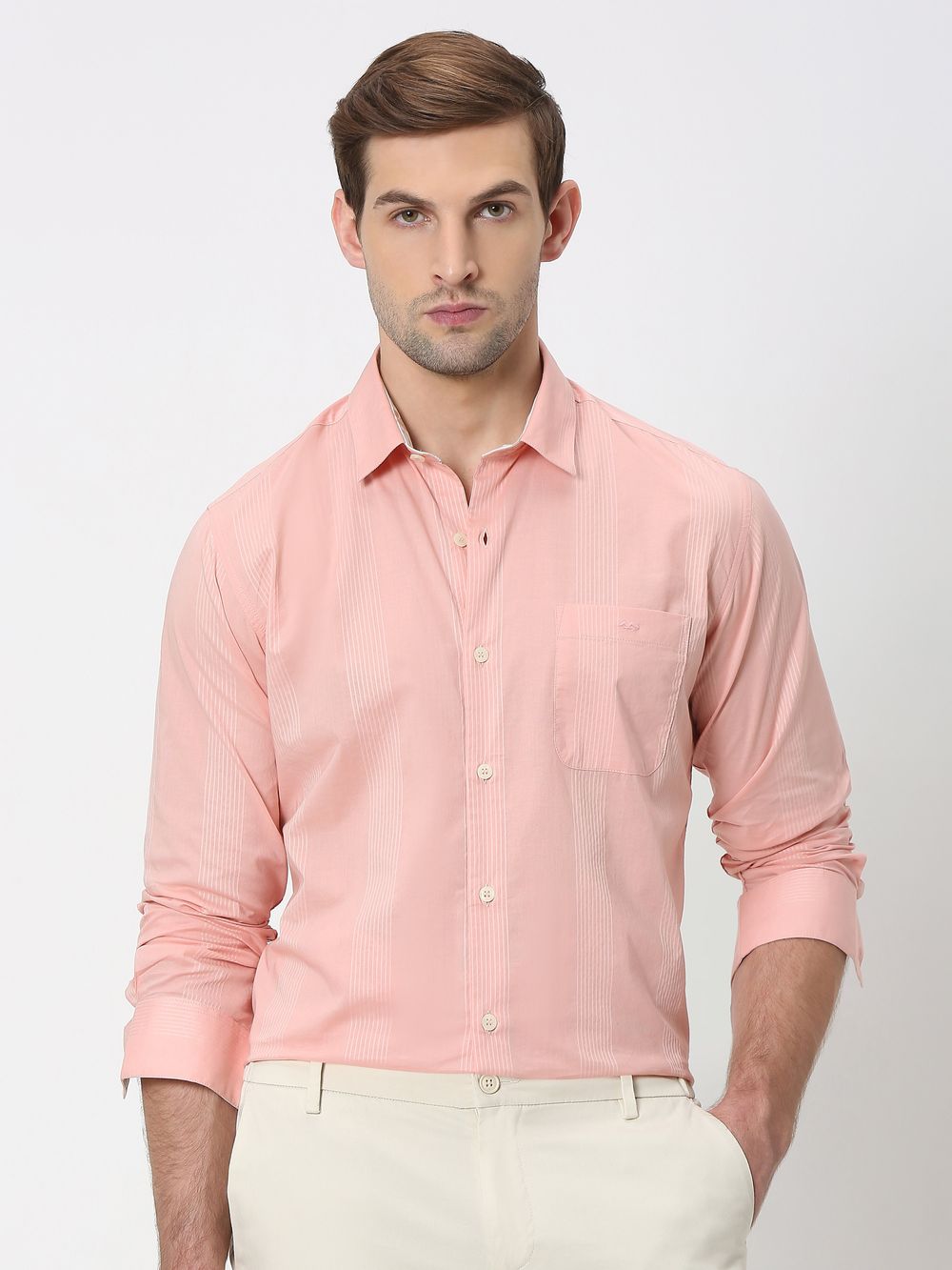 Pink Self Stripe Plain Slim Fit Casual Shirt
