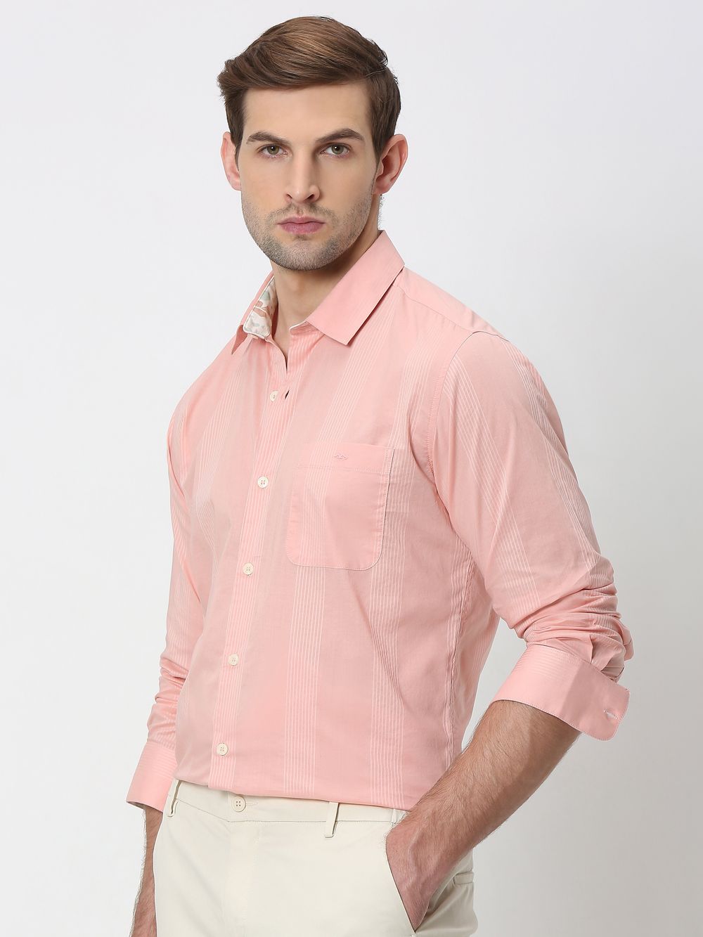 Pink Self Stripe Plain Slim Fit Casual Shirt