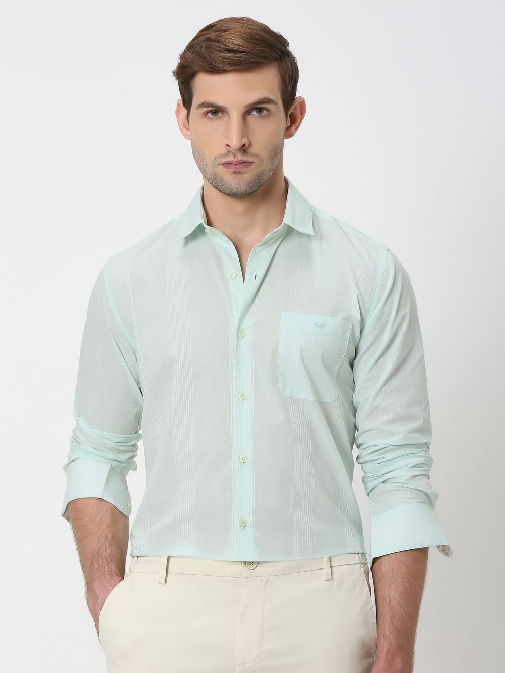 Light Green Self Stripe Plain Slim Fit Casual Shirt