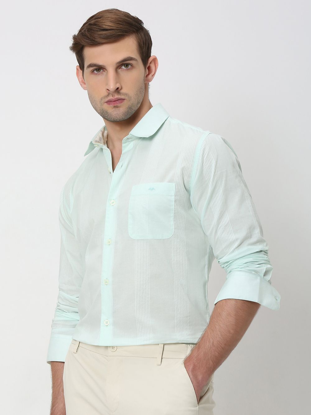 Light Green Self Stripe Plain Slim Fit Casual Shirt