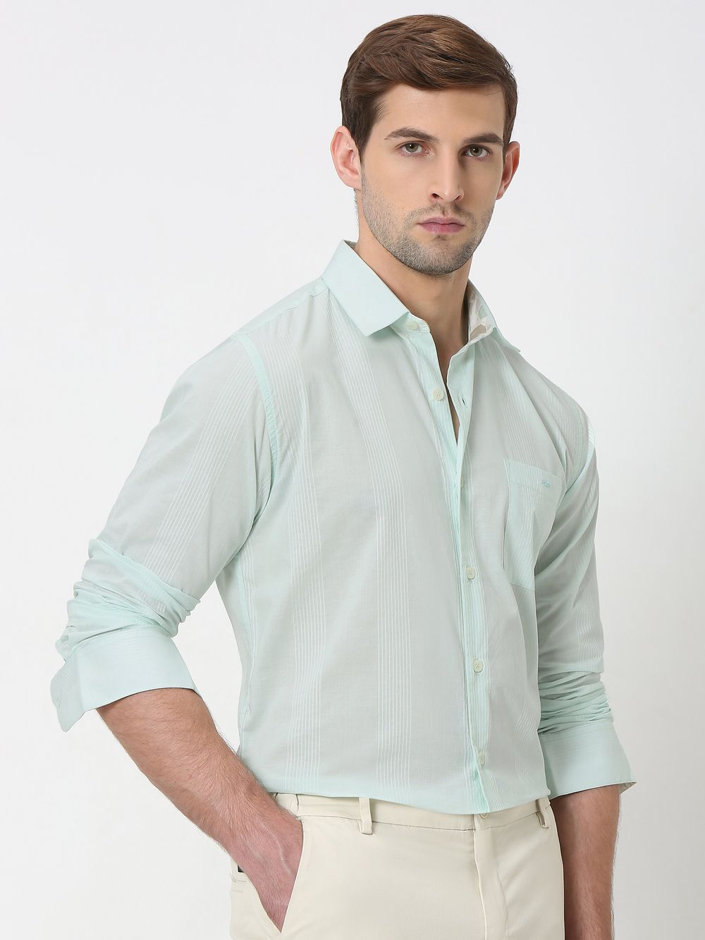 Light Green Self Stripe Plain Slim Fit Casual Shirt