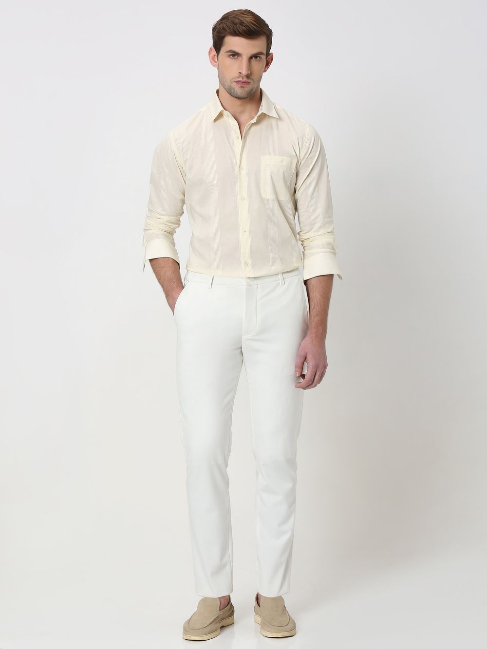 Off White Self Stripe Plain Slim Fit Casual Shirt