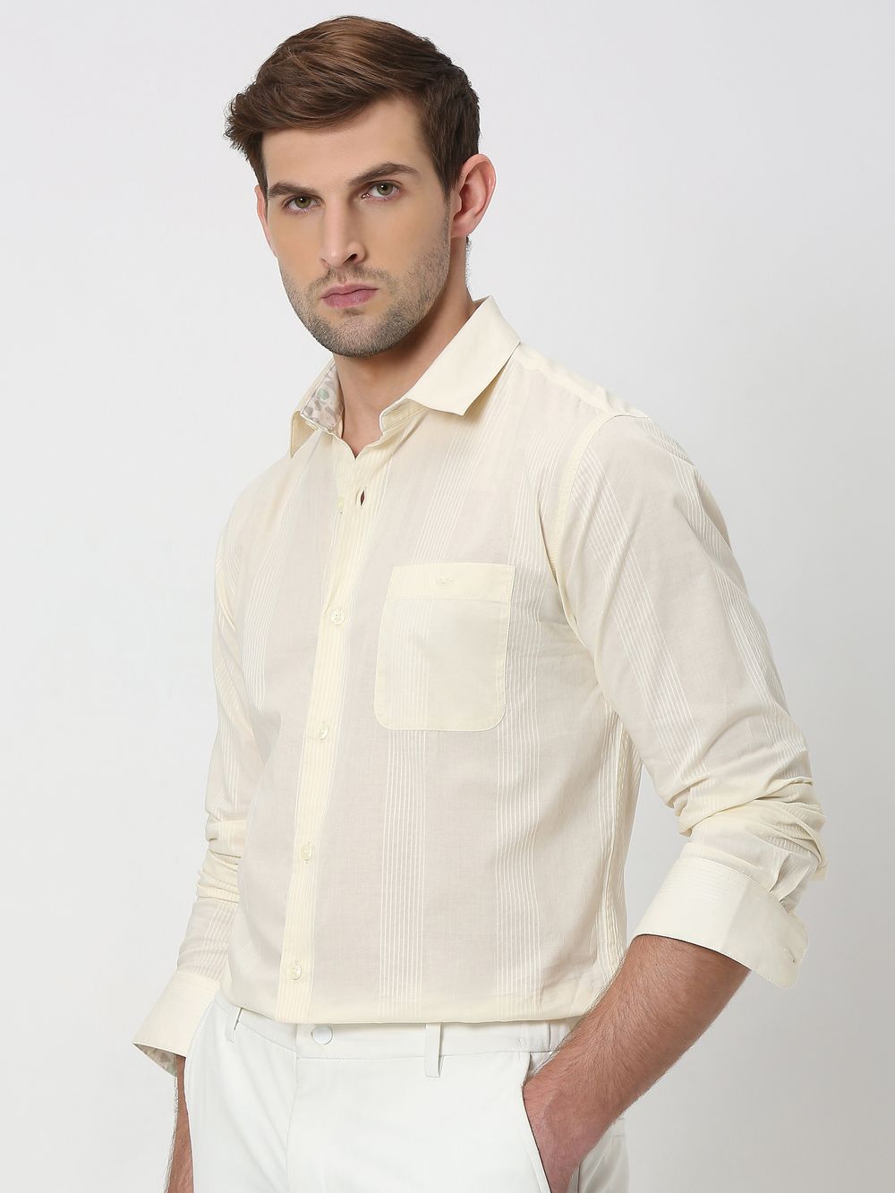 Off White Self Stripe Plain Slim Fit Casual Shirt