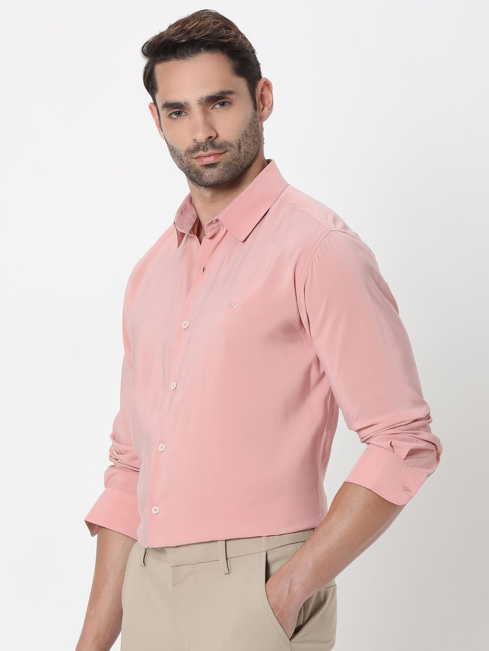 Pink Sandwashed Viscose Blend Slim Fit Casual Shirt