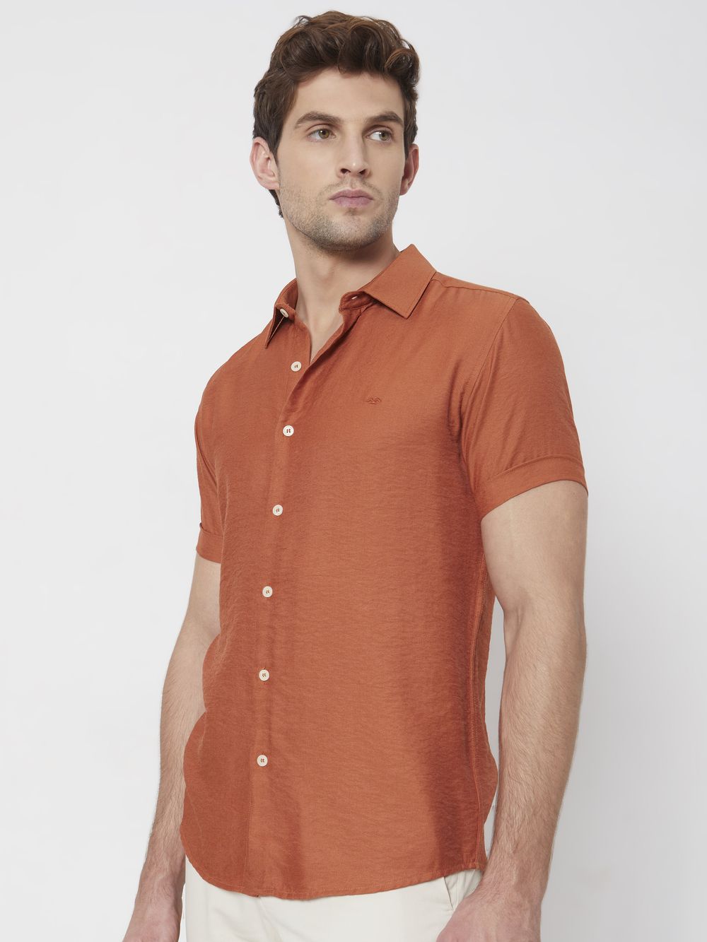 Rust Textured Plain Slim Fit Casual Shirt